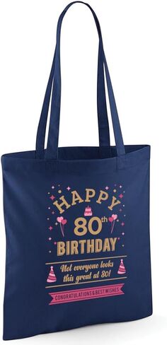 80th Birthday Gift Bag for Men Women Funny Gift Tote Shopping Bag Happy Birthday Keepsake Age 80 Present 15 inches x 16.5 inches (Navy, Happy Birthday Gift Bag) in Saudi Arabia