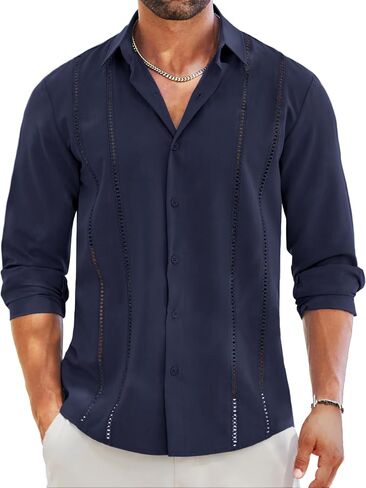 MAPICK Mens Cuban Guayabera Shirt Long Sleeve Button Down Casual Shirts Beach Linen Shirts in Saudi Arabia