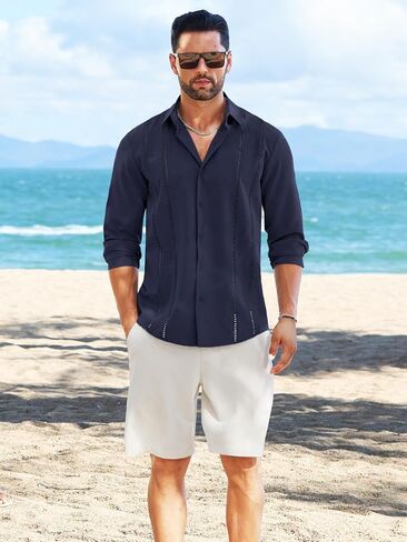 MAPICK Mens Cuban Guayabera Shirt Long Sleeve Button Down Casual Shirts Beach Linen Shirts in Saudi Arabia