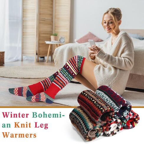 10 أزواج من الصوف البوهيمي المحبوك لتدفئة الساق الطويلة وجوارب صوفية سميكة دافئة للنساء والفتيات في الشتاء البارد in Kuwait