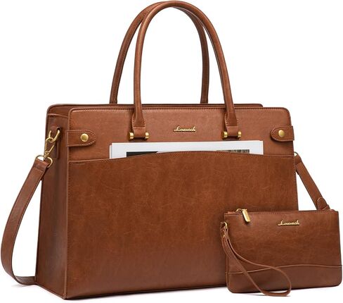 LOVEVOOK Laptop Tote Bag For Women Work, Vintage Leather Computer Bags For Laptops For Women, Waterproof Laptop Bag Business Briefcase Office Large Shoulder Handbag Purse, 15.6 Inch, Black-Beige in Kuwait