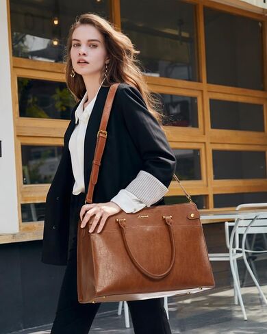 LOVEVOOK Laptop Tote Bag For Women Work, Vintage Leather Computer Bags For Laptops For Women, Waterproof Laptop Bag Business Briefcase Office Large Shoulder Handbag Purse, 15.6 Inch, Black-Beige in Kuwait