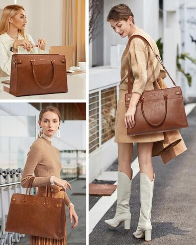 LOVEVOOK Laptop Tote Bag For Women Work, Vintage Leather Computer Bags For Laptops For Women, Waterproof Laptop Bag Business Briefcase Office Large Shoulder Handbag Purse, 15.6 Inch, Black-Beige in Kuwait