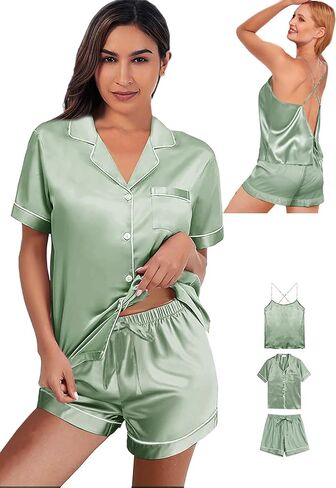 3Pcs Silk Pajamas Set for Women XS-4XL Satin Pajama Lingerie Pjs Cami Tops Silky Pj Sets Sleepwear Nightwear in Saudi Arabia