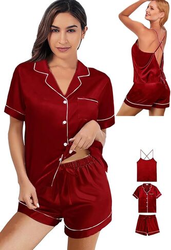 3Pcs Silk Pajamas Set for Women XS-4XL Satin Pajama Lingerie Pjs Cami Tops Silky Pj Sets Sleepwear Nightwear in Saudi Arabia