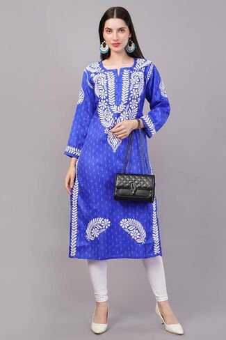 Chikankari Cotton Kurta for Women, Hand Embroidered Tunic, Indian Kurta for Women (S, Royal Blue) in Saudi Arabia