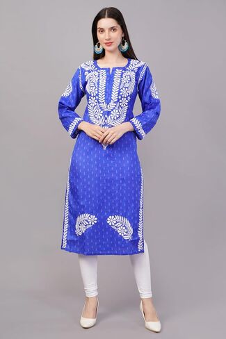 Chikankari Cotton Kurta for Women, Hand Embroidered Tunic, Indian Kurta for Women (S, Royal Blue) in Saudi Arabia