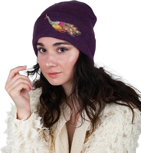 Peacock Embroidered Beanie for Women, Cozy Winter Hat with Embroidery Animal Hat Beanies for Women Peacock Hat Cute Beanies Handmade (Purple) in Saudi Arabia