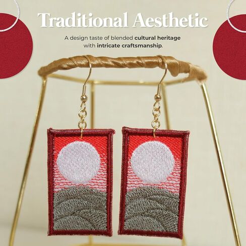 Color Stitch Hanafuda Design Drop Dangle Embroidered Earrings Handmade Colorful Fabric Art Earrings Trendy Statement Jewelry for Women in Saudi Arabia