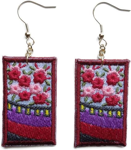 Color Stitch Hanafuda Design Drop Dangle Embroidered Earrings Handmade Colorful Fabric Art Earrings Trendy Statement Jewelry for Women in Saudi Arabia