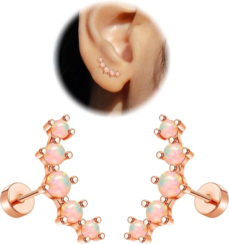 16G Opal Cartilage Earrings for Women 14K Gold Stainless Steel Flat Back Cartilage Stud Earrings for Sensitive Ear Handmade Helix Conch Piercing Jewelry Rose Gold in Saudi Arabia