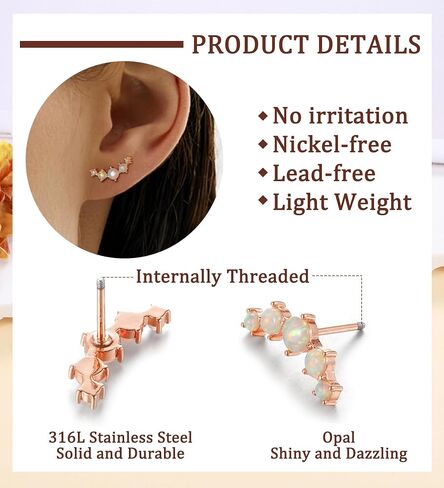 16G Opal Cartilage Earrings for Women 14K Gold Stainless Steel Flat Back Cartilage Stud Earrings for Sensitive Ear Handmade Helix Conch Piercing Jewelry Rose Gold in Saudi Arabia