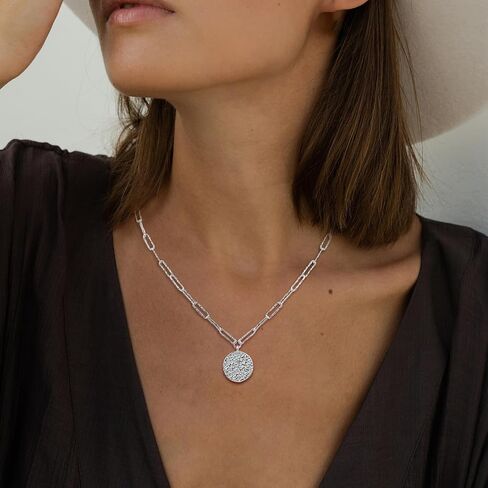 925 Sterling Silver Paperclip Chain Necklace with Disc Hammered Moon Silver Pendant Necklace for Women Trendy in Saudi Arabia