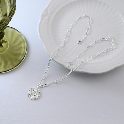 925 Sterling Silver Paperclip Chain Necklace with Disc Hammered Moon Silver Pendant Necklace for Women Trendy in Saudi Arabia
