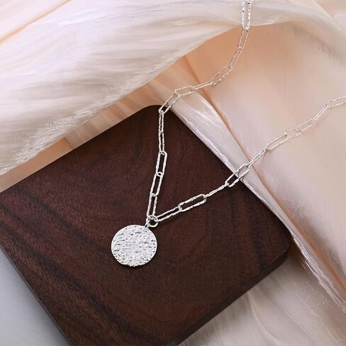 925 Sterling Silver Paperclip Chain Necklace with Disc Hammered Moon Silver Pendant Necklace for Women Trendy in Saudi Arabia