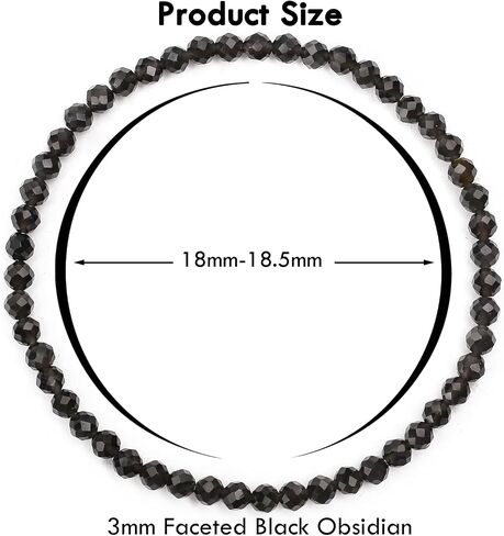BONNY BOXX Natural Genuine Gemstone Faceted Round Beads Bracelets, 3mm Adjustable Stretchy Tiny Faceted Black Obsidian Bracelet, Healing Crystal Reiki Chakra Dainty Jewelry Fashion Gifts in Saudi Arabia