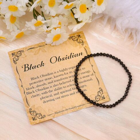 BONNY BOXX Natural Genuine Gemstone Faceted Round Beads Bracelets, 3mm Adjustable Stretchy Tiny Faceted Black Obsidian Bracelet, Healing Crystal Reiki Chakra Dainty Jewelry Fashion Gifts in Saudi Arabia