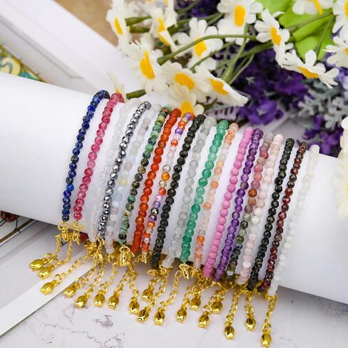 BONNY BOXX Natural Genuine Gemstone Faceted Round Beads Bracelets, 3mm Adjustable Stretchy Tiny Faceted Black Obsidian Bracelet, Healing Crystal Reiki Chakra Dainty Jewelry Fashion Gifts in Saudi Arabia