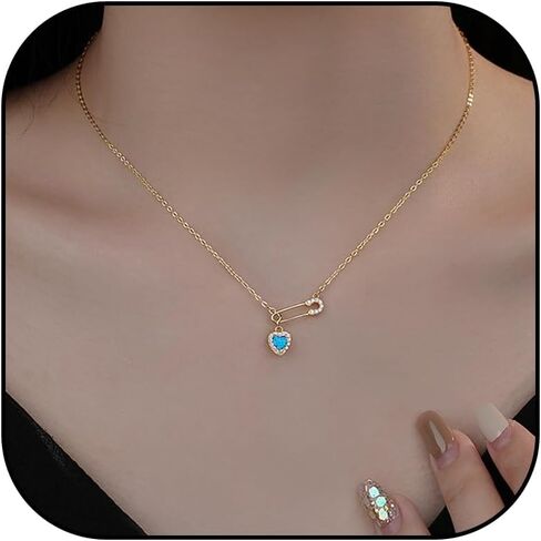 Safety Pin Necklace for Women Pink Heart Necklace Safety Pins Charms Clip Drop Necklace Rhinestone Heart Necklace Dainty Jewelry Gifts Blue in Saudi Arabia