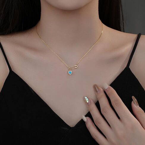 Safety Pin Necklace for Women Pink Heart Necklace Safety Pins Charms Clip Drop Necklace Rhinestone Heart Necklace Dainty Jewelry Gifts Blue in Saudi Arabia