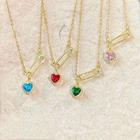 Safety Pin Necklace for Women Pink Heart Necklace Safety Pins Charms Clip Drop Necklace Rhinestone Heart Necklace Dainty Jewelry Gifts Blue in Saudi Arabia