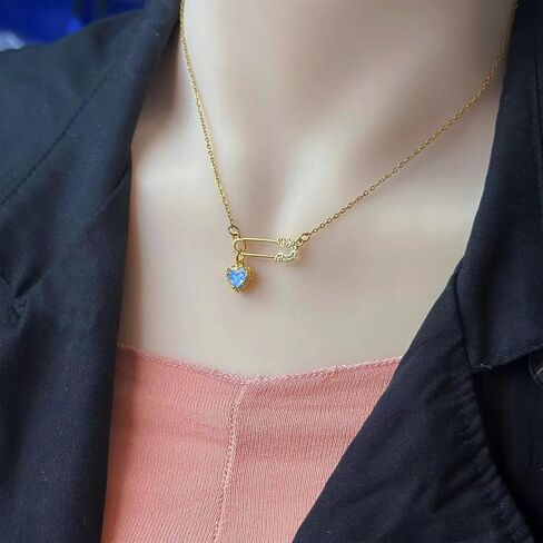 Safety Pin Necklace for Women Pink Heart Necklace Safety Pins Charms Clip Drop Necklace Rhinestone Heart Necklace Dainty Jewelry Gifts Blue in Saudi Arabia