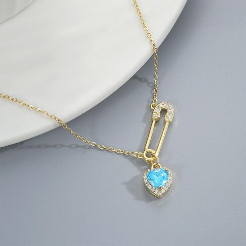 Safety Pin Necklace for Women Pink Heart Necklace Safety Pins Charms Clip Drop Necklace Rhinestone Heart Necklace Dainty Jewelry Gifts Blue in Saudi Arabia