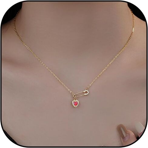 Safety Pin Necklace for Women Pink Heart Necklace Safety Pins Charms Clip Drop Necklace Rhinestone Heart Necklace Dainty Jewelry Gifts Blue in Saudi Arabia
