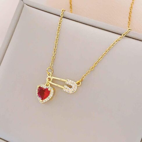 Safety Pin Necklace for Women Pink Heart Necklace Safety Pins Charms Clip Drop Necklace Rhinestone Heart Necklace Dainty Jewelry Gifts Blue in Saudi Arabia