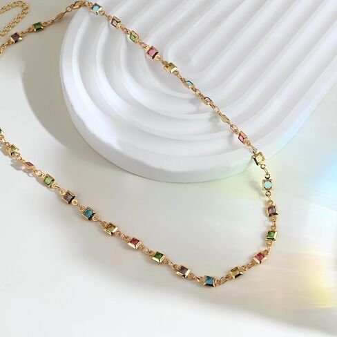 قلادة من الخرز الكريستالي الملون المطلي بالذهب 18 قيراط، متعددة الألوان مكعبة الزركونيوم، قلادة قوس قزح للنساء العصرية in Kuwait