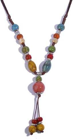 Boho Hippie Ethnic Ceramic Beads Strand Y Necklace Colorful Ceramic Beads Necklace for Women Bohemian Tricolor Beaded Jewelry (Colorful B) in Saudi Arabia