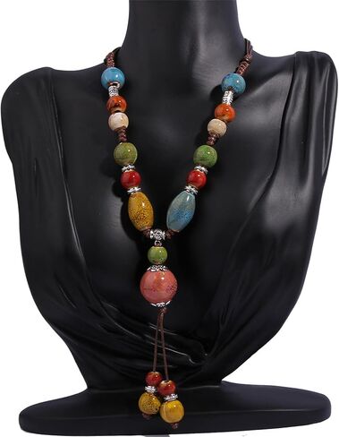 Boho Hippie Ethnic Ceramic Beads Strand Y Necklace Colorful Ceramic Beads Necklace for Women Bohemian Tricolor Beaded Jewelry (Colorful B) in Saudi Arabia