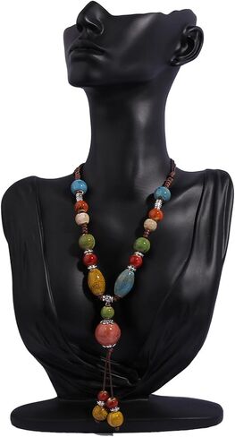 Boho Hippie Ethnic Ceramic Beads Strand Y Necklace Colorful Ceramic Beads Necklace for Women Bohemian Tricolor Beaded Jewelry (Colorful B) in Saudi Arabia