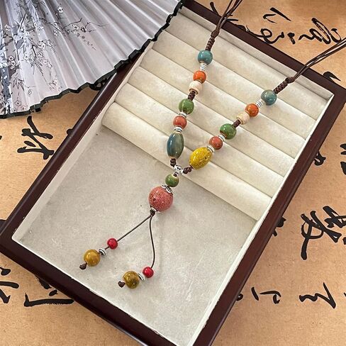 Boho Hippie Ethnic Ceramic Beads Strand Y Necklace Colorful Ceramic Beads Necklace for Women Bohemian Tricolor Beaded Jewelry (Colorful B) in Saudi Arabia