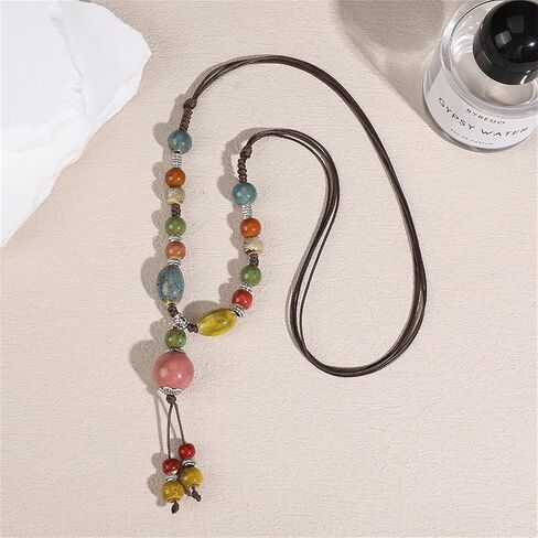 Boho Hippie Ethnic Ceramic Beads Strand Y Necklace Colorful Ceramic Beads Necklace for Women Bohemian Tricolor Beaded Jewelry (Colorful B) in Saudi Arabia