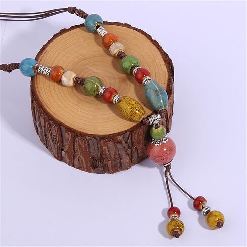 Boho Hippie Ethnic Ceramic Beads Strand Y Necklace Colorful Ceramic Beads Necklace for Women Bohemian Tricolor Beaded Jewelry (Colorful B) in Saudi Arabia