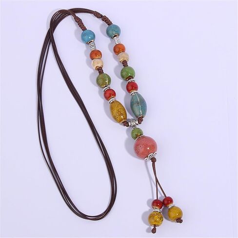 Boho Hippie Ethnic Ceramic Beads Strand Y Necklace Colorful Ceramic Beads Necklace for Women Bohemian Tricolor Beaded Jewelry (Colorful B) in Saudi Arabia