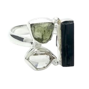 Fine Sterling Silver Ring For Womens Genuine Moldavite Herkimer Diamond Shungite Ring Sterling Silver Engagement Ring Prong Set Gemstone Ring