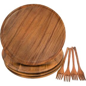 Wooden Plates, Wood Dinner Plates with Forks, Reusable Handmade Natural Wood Flatware Set for Cooking, Eating, Housewarming, Christmas Gift (Set of 4, Large 11" x 11")