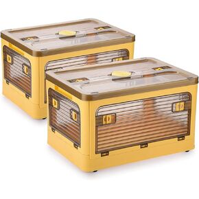Folding Storage Bins, 28 Liters, 2 Pcs Yellow Plastic Storage Containers with Wheels, Four Doors, Foldable, Stackable, Plastic Box with Lids for Organization, Storage Cart
