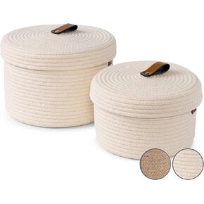 DENJA & CO Round Baskets with Lids - Set of 2 Decorative Jute Baskets with Lids for Organizing - Natural Jute Rope Lidded Baskets with Genuine Leather Tabs - Storage Baskets with Lids