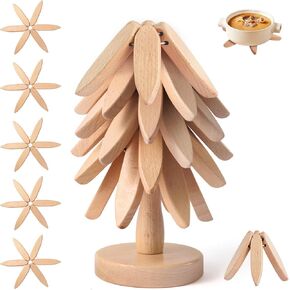 Wooden Tree Coasters Trivets for Hot Dishes Wood Tree Coasters Set of 5 Wooden Tree Trivet Set for Hot Pots and Pans Stackable, DIY Wooden Christmas Tree Trivet (5 Beech Wood Trivets +1 Stand)