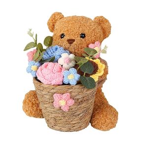 Crochet Flower Basket, Handmade Knitted Rose Sunflower Puff Flower with Cute Bear Rattan Basket for Home Office Decor Birthday Mother's Day Valentine's Day Gift (Pink)