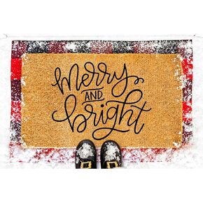 Merry and Bright Christmas Doormat, Coco Coir Door Mat with Heavy Duty Non Slip Backing, 18"x30" for Entrance, Front Porch, Easy to Clean Entry Mat, Outdoor and Indoor Uses, Home Decor