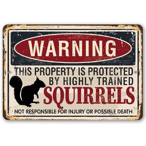 Metal Sign - Warning Property Squirrels - Durable Metal Sign - Use Indoor/Outdoor - Cute and Funny Garden Decor and Gift Under $20 (8" x 12")