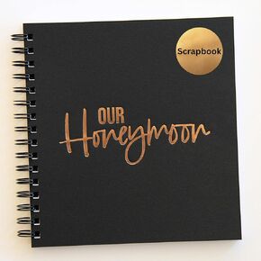 Our Honeymoon Journal, Honeymoon Scrapbook Album, 8.5" x 8.5", 45 Pages, Gold Foil Embossed Cover, Black