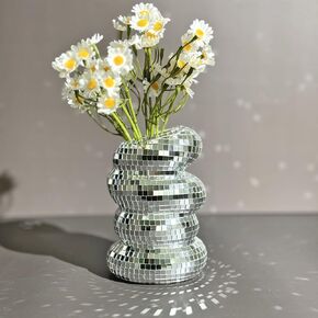 Disco Ball Spiral Vase Unique Glass Tiles Flower Bottle Disco Ball Planter Silver Mirror Vase Home Living Room Kitchen Office Table Decor (Silver)