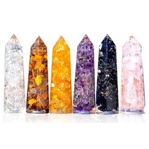 Healing Crystal Wand Set of 6 - Large 3" Amethyst, Tigers Eye, Rose Quartz, Citrine Clear Quartz & Black Tourmaline Orgonite Wand - Orgone Generator for Meditation & Reiki - Chakra Wand Spiritual Gift