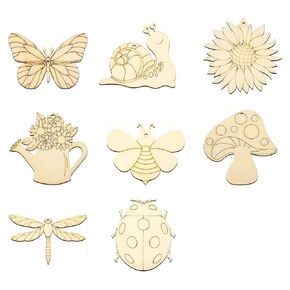 Wooden Spring Ornaments to Paint - Set of 8 Insect and Garden Shapes - Unfinished Wood Cutouts: Dragonfly, Butterfly, Snail, Watering Can, Mushroom, Flower - Wooden Crafts to Paint, 3" to 16" (12")