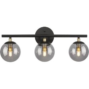 LMS 4-Light Matte Black Vanity Light, Modern Bathroom Lighting Over Mirror, Black and Brass Gold Finish with Globe Glass Shade, LMS-116-4